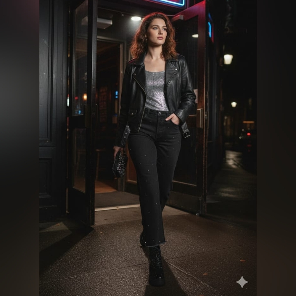 Black Denim Mom Fit With Rhonestome Accent